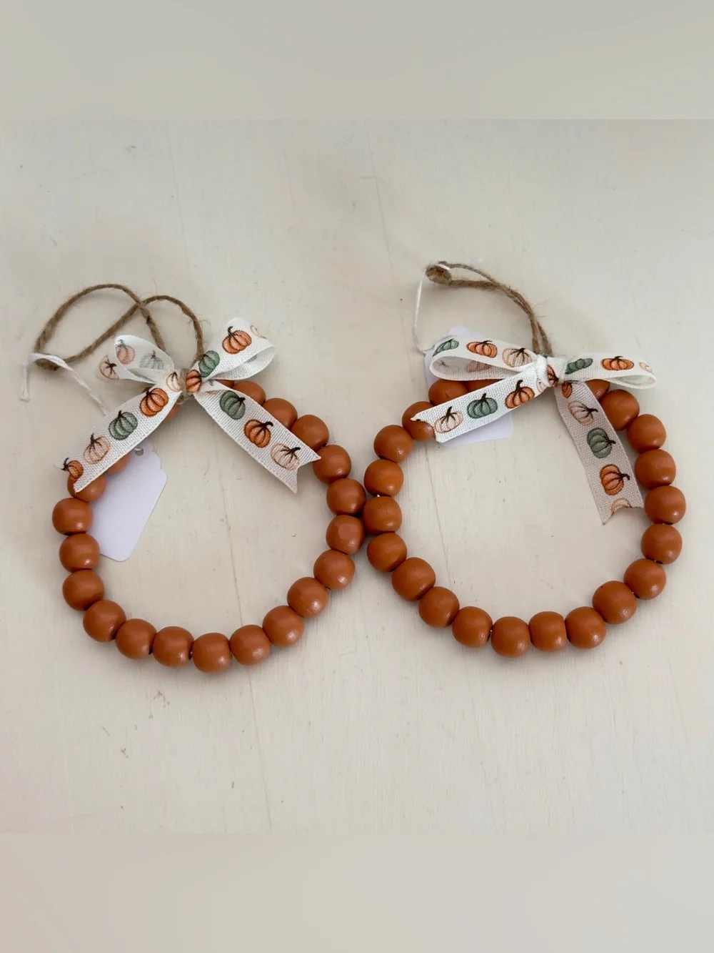 2 Handmade Wood Beaded Ornament With Pumpkin Print Bow